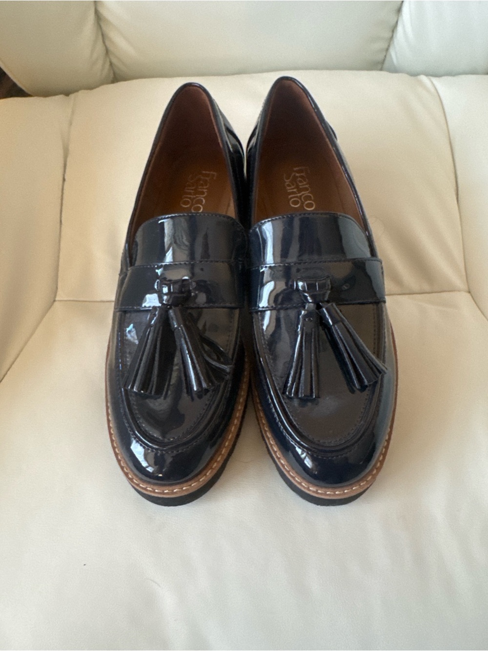 Franco Sarto Dark Blue Patent Tassel Lug Sole Loafers